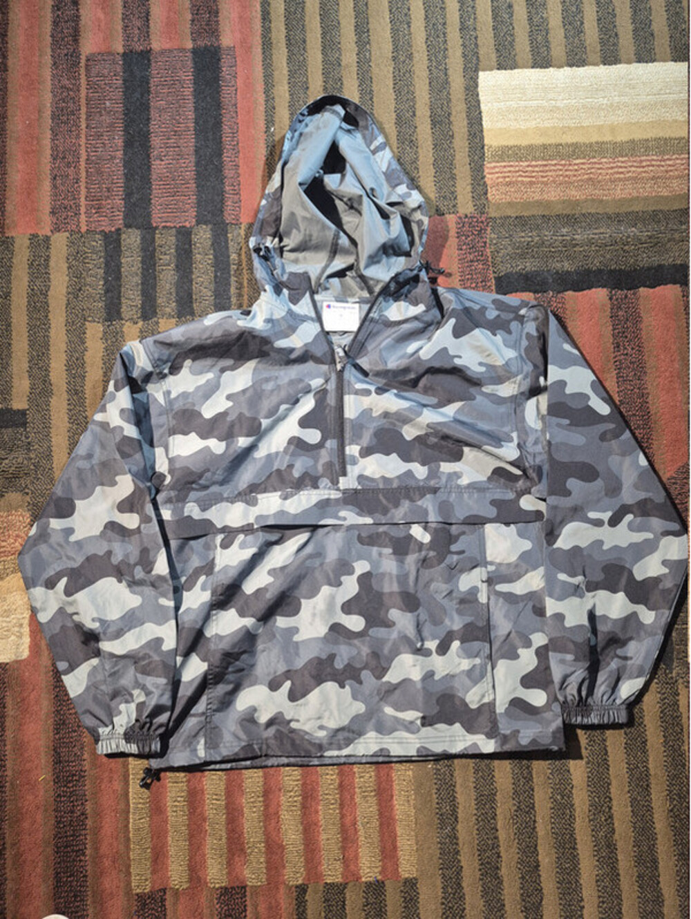 Champion Camo Hooded Windbreaker Men's Medium Gray Half Zip